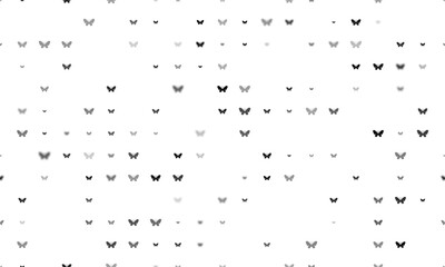 Seamless background pattern of evenly spaced black butterfly symbols of different sizes and opacity. Vector illustration on white background