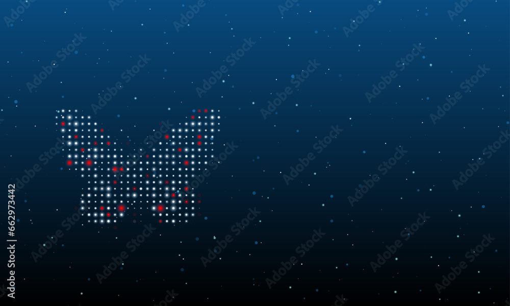 Poster on the left is the butterfly symbol filled with white dots. background pattern from dots and circles