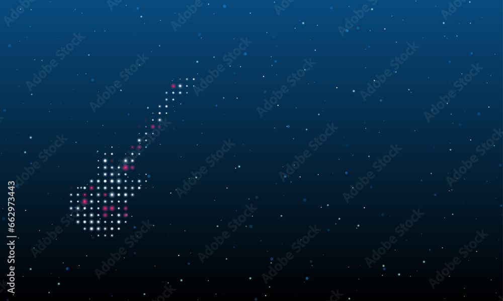 Poster on the left is the guitar symbol filled with white dots. background pattern from dots and circles of