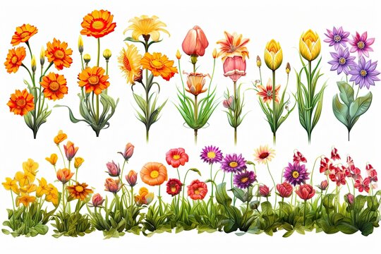 Spring Festival: Animated Flower Clip Art - Unique Expressions in a Field of Flowers, generative AI