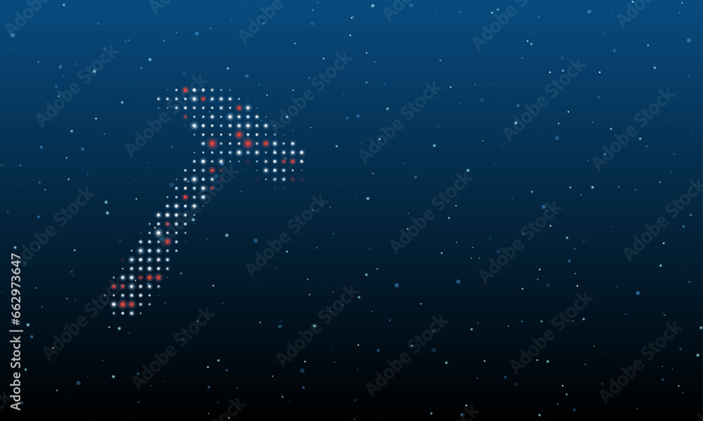 Poster on the left is the hammer symbol filled with white dots. background pattern from dots and circles of