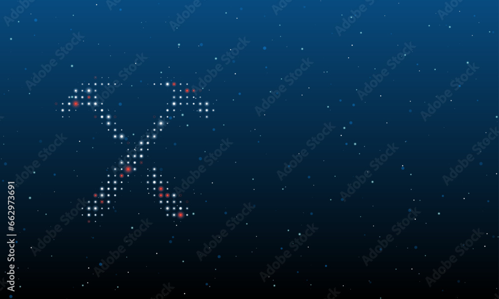 Poster on the left is the crossed hammers symbol filled with white dots. background pattern from dots and c