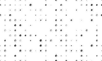 Seamless background pattern of evenly spaced black dragon's head symbols of different sizes and opacity. Vector illustration on white background