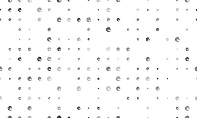 Seamless background pattern of evenly spaced black dragon's head symbols of different sizes and opacity. Vector illustration on white background