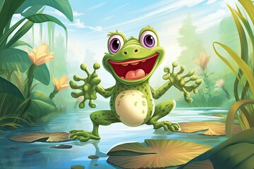 Frog Clipart: Lively Frog Leaping Between Lily Pads in a Serene Pond, Teeming with Life, generative AI