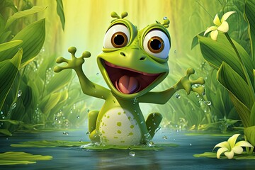 Fototapeta premium Jolly Frog Cartoon: Leaping from Lilypad to Lilypad in a Serene Pond, generative AI