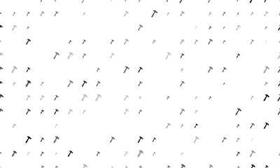 Seamless background pattern of evenly spaced black hammer symbols of different sizes and opacity. Vector illustration on white background