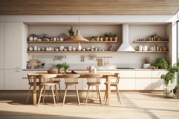 Scandinavian Inspired Kitchen with Sleek White Cabinetry, Open Shelving, and a Minimalist Wooden Dining Set