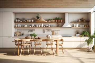 Fototapeta premium Scandinavian Inspired Kitchen with Sleek White Cabinetry, Open Shelving, and a Minimalist Wooden Dining Set
