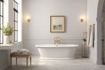 Fototapeta na wymiar Pristine Minimalist Bathroom with Freestanding Bathtub, Subtle Gold Fixtures, and White Subway Tiles