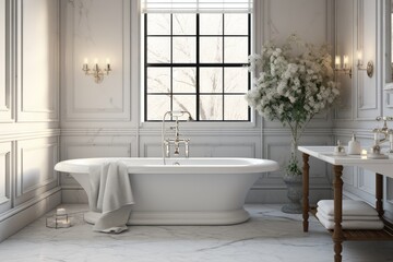 Fototapeta na wymiar Elegant White Classic Primary Bathroom with Freestanding Tub, Vintage Side Table and Opulent Flower Arrangement