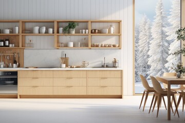 Bright and Natural Wooden Kitchen Design with Modern Amenities and Dining Area Overlooking Snowy Landscape - obrazy, fototapety, plakaty