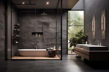 Luxury Minimalist Bathroom: Dark Stone Walls, Freestanding Bathtub, Floating Wooden Vanity, and Expansive Window