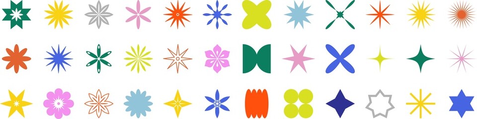 Brutalism star and flower shapes color icons. Modern abstract forms, trendy geometric graphic elements. PNG - obrazy, fototapety, plakaty