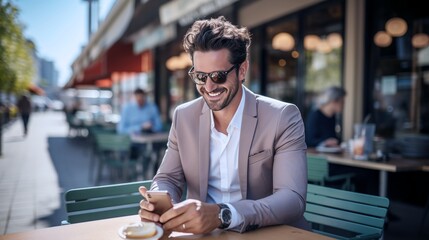 business man with mobile phone on the cafe terrace