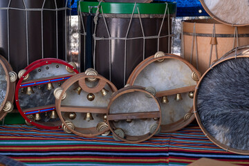 Handmade drums and tambourines at a craft market in the canary islands