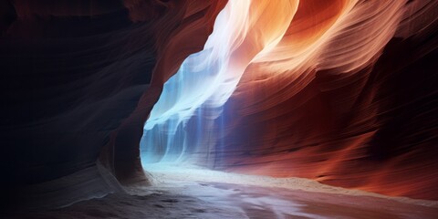 Chromatic Canyon Magic: The Flow of a Rainbow Seamlessly Weaves Through a Slot Canyon, Captured in the Aesthetic Palette of Light Maroon and Dark Bronze