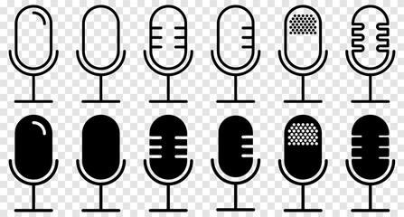 Collection of different microphone icons. Karaoke mic. Flat and line art style. Vector illustration