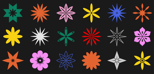 Fototapeta na wymiar Collection of flowers icons. Modern brutalism forms. Vector illustration isolated on black background