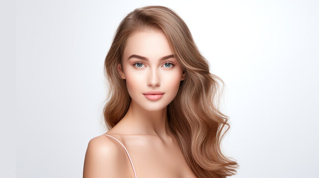 beauty portrait of a cool female bright brunette model against white background