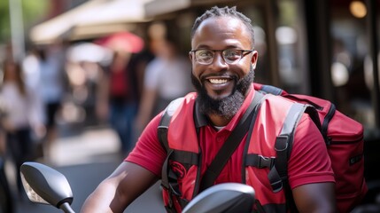 delivery man on motorcycle on the street smiling