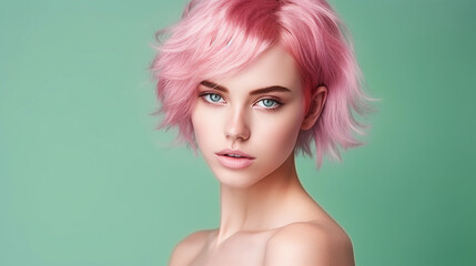 portrait of a female model with bleached, pink colored hair against green background