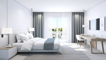 Wide-Angle View of a Contemporary and Stylish White Hotel Room