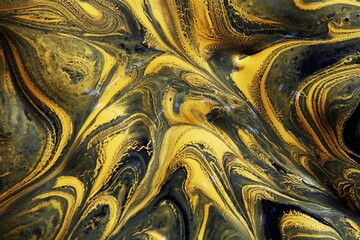 Mezcla de pintura al óleo en agua y aceite flotando formando ondas aleatorias en la superficie,...
