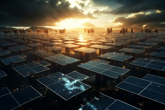 Composite of solar panels created digitally. Generative AI