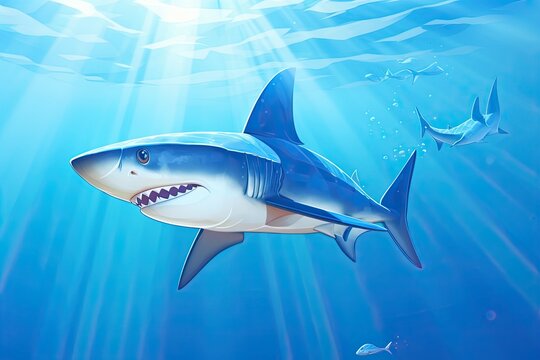 Shark Clipart: Majestic Glide of a Powerful Shark with Mighty Fins in Clear Blue Ocean Waters, generative AI