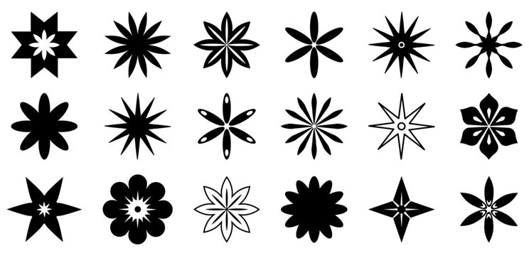 Set of black flowers icons. Modern brutalism forms. Vector illustration isolated on white background