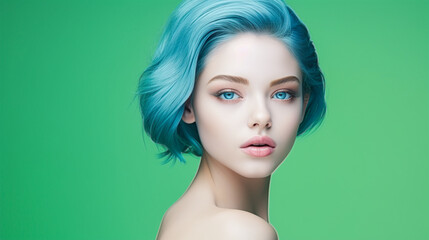 portrait of a cool female model with bleached, blue and green colored hair  against green background