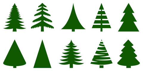 Set of green Christmas tree icons. Vector illustration isolated on white background