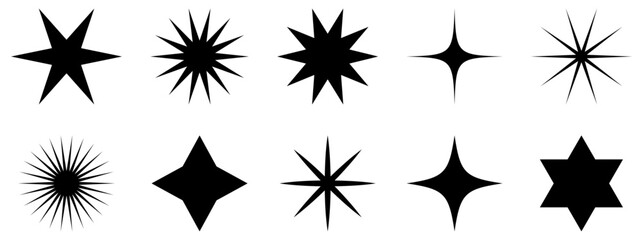 Set of minimalist stars icons. Modern geometric elements, shining star symbols. Vector illustration isolated on white background - obrazy, fototapety, plakaty