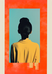 A modern girl with her hair up and her back to the viewer — art poster, trendy fashion normcore style screenprint with overlapping gradients and colour
