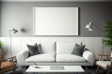 gray walls, a white sofa and chair, a laptop on a coffee table, and a horizontal poster can all be seen at the front of a living room in this mockup. Generative AI