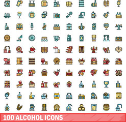 100 alcohol icons set. Color line set of alcohol vector icons thin line color flat on white