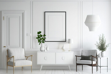 Fototapeta premium Modern living room with white wall and empty vertical picture frame. Scandinavian-style interior design mockup. Picture space available. table, chairs, light, vases, console. Generative AI