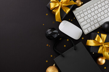 Select the best deals for Black Friday online. Top view shot of computer mouse, keyboard, gift boxes, black package, stars on black background with advert panel
