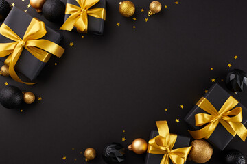 Experience unbeatable prices this Black Friday. Top view photo of black gift boxes, shiny stars, festive ornaments on black background with promo space