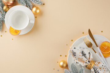 Transform your holiday dining with our Christmas table elegance. Top view photo of crockery, frosty fir twigs, napkin, dry orange slices, holiday balls, stars on beige background with promo zone