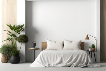 White wall mockup of a home's interior in a minimalistic design with an unmade bed. Generative AI