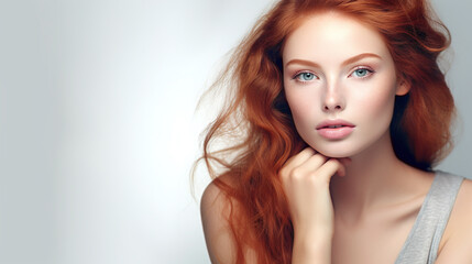 Fototapeta premium natural close up portrait of a female beauty model with ginger colored hair and and fair, pale facial skin and with text space