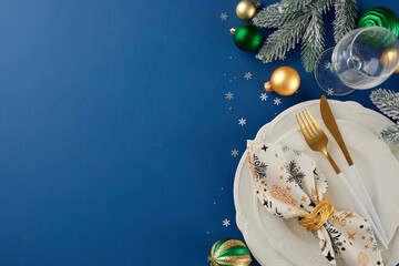 Setting the stage: your Christmas table preparation guide. Top view photo of cutlery, plates,...