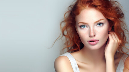Naklejka premium natural close up portrait of a female beauty model with ginger colored hair and and fair, pale facial skin and with text space