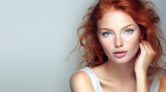 natural close up portrait of a female beauty model with ginger colored hair and and fair, pale facial skin
and with text space