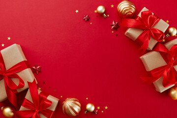 Embracing the creativity involved in creating Christmas gifts. Top view photo of gift boxes, xmas...
