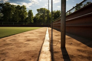 A view of the third base foul line leading to the foul pole on a baseball field. Generative AI