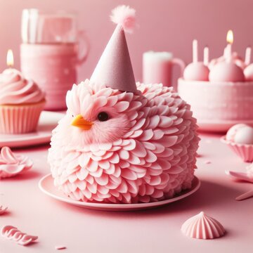A whimsical pink bird-shaped cake adorned with a festive party hat, topped with flickering candles and oozing with buttercream and fondant, bringing a burst of sweetness and celebration to the indoor