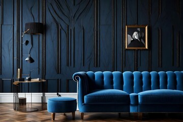 Blue sofa and armchair against black paneling wall. Art deco home interior design of modern living room